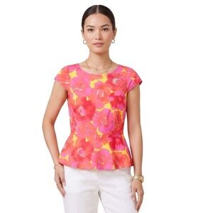 LOFT Bright Floral Peplum Top Size 4P Neon Pink Yellow Stretch Cotton Blouse